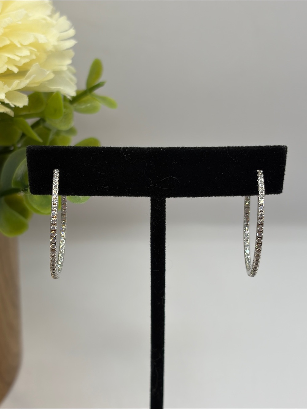 Sterling Silver 1” Hoop Earrings Inside Out Channel Set CZ w/ Hinged Snap Back
